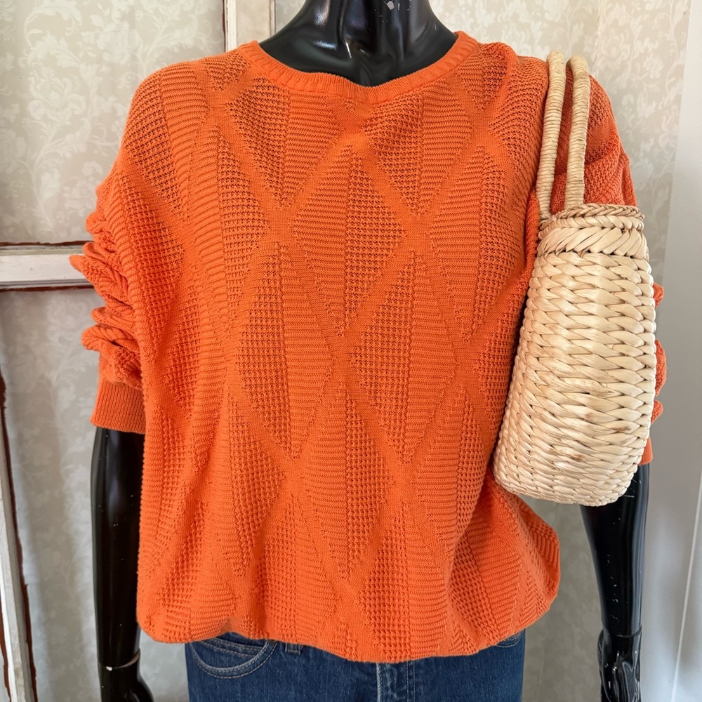 Vintage Made in Italy Bizzarro Orange Textured Geometric Knit Crewneck Sweater L
